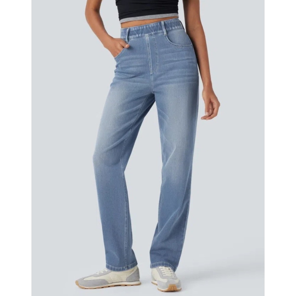 Halara Flex High Waisted Tummy Control Straight Leg Washed Jeans